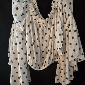 Ashley Stewart Black and White Polka Dot Ruffle Blouse